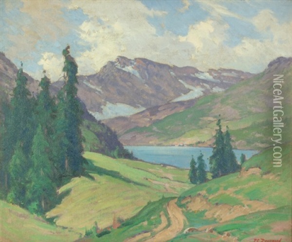 Mountain Landscape With Ranch Houses Across Lake Oil Painting - Frank Charles Peyraud