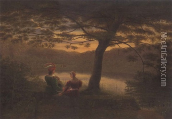 Landschaft Mit Waldsee Und Paar In Altdeutscher Tracht Oil Painting - Johann Wilhelm Bruecke