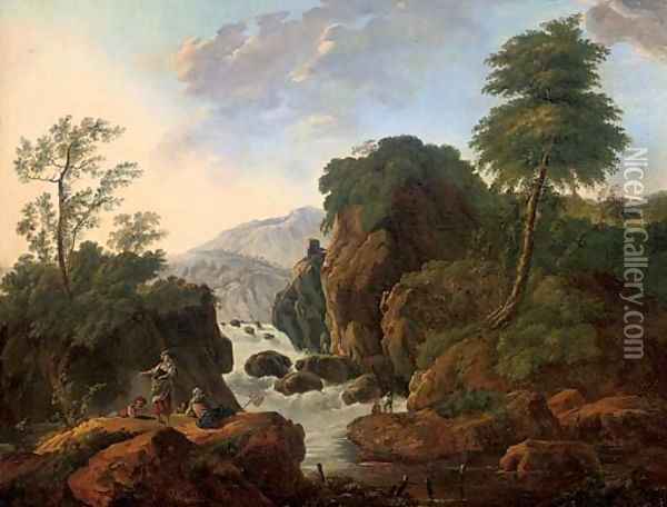 A wooded mountainous river landscape with anglers by a waterfall Oil Painting - Jean-Baptiste Pillement