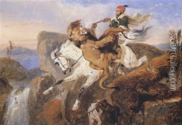 The Last Embrace Of Foes: A Bedouin Horseman Attacked By A Lion Oil Painting - Raden Saleh Sarief Bustaman