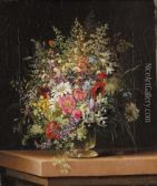 Wild Flowers In A Glass Vase Oil Painting - Adelheid Dietrich