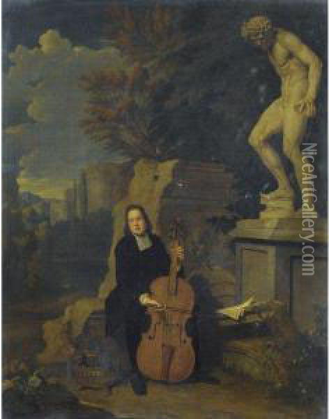 A Musician Playing The Violoncello In A Landscape With Classicalstatuary And Ruins Oil Painting - Jan Jozef, the Younger Horemans