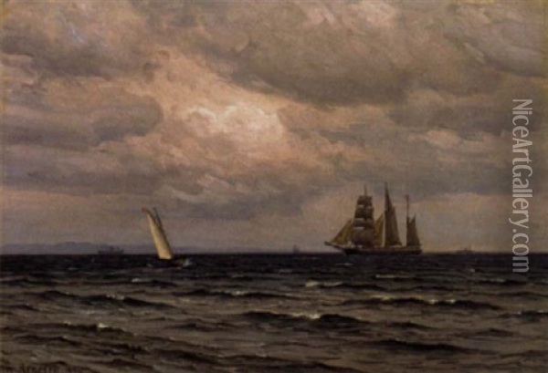 Sejlskibe Pa Havet, Gravejr Oil Painting - Vilhelm Karl Ferdinand Arnesen