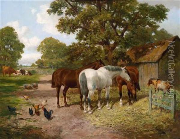 Am Bauernhof - Pferde Und Huhner Oil Painting - John Frederick Herring Snr