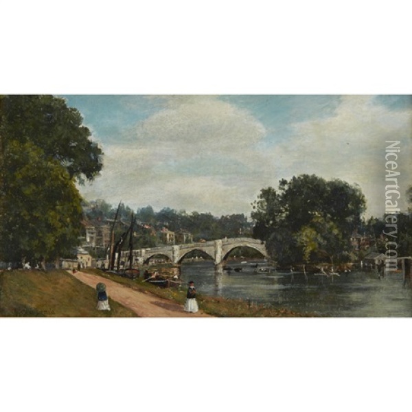 The Thames Near Twickenham Bridge Oil Painting - Alfred de Breanski Sr