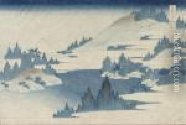 From The Series Fugaku 
Sanjurokkei [the Thirty-six Views Of Mount Fuji], Soshu Hakone Kosui , 
[the Lake At Hakone In Sagami Province], Signed Zen Hokusai Iitsu Hitsu Oil Painting - Katsushika Hokusai