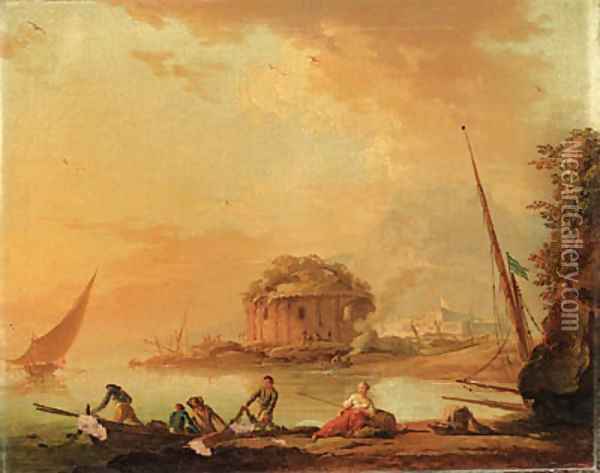 Fisherfolk pulling in their Nets at Dusk by a Mediterranean Harbour, a classical ruin beyond Oil Painting - Charles Francois Lacroix de Marseille