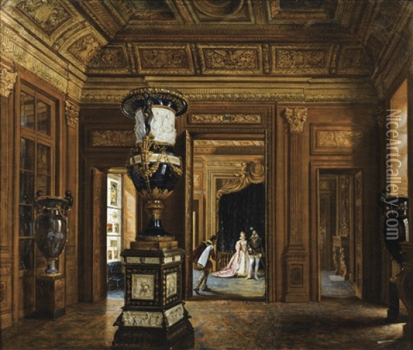 La Salle Henri Ii Du Louvre Avec Des Personnages En Costume D'epoque Oil Painting - Lucien Przepiorski