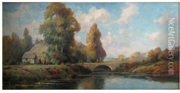 House By River With People And Stone Bridge Oil Painting - Daniel Giraud Elliot