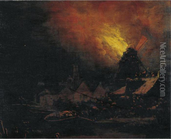 A Burning Mill At Night With Villagers Scrambling To Extinguish The Fire Oil Painting - Egbert van der Poel