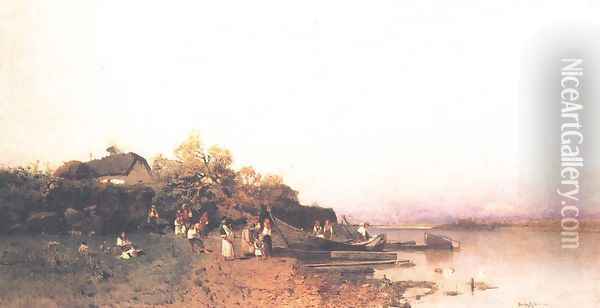 Fishing Boat on the Shore of the Tisza c. 1877 Oil Painting - Geza Meszoly