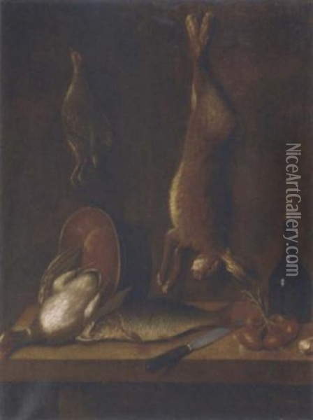 A Dead Hare And A Woodcock Hanging On A Wall, With A Duck, A Trout, Onions, Garlic, A Bottle Of Wine, A Copper Pot And A Knife On A Wooden Table Oil Painting - Carlo Magini