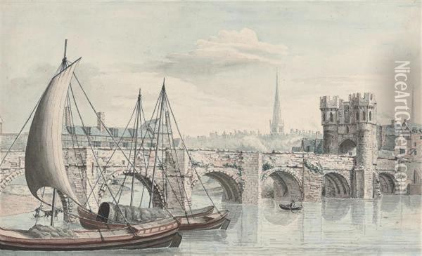 The Welsh Bridge At Shrewsbury Oil Painting - Moses Griffiths
