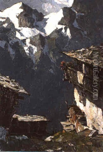 Durchblick Zwischen Bauernhausern Am Hang Auf Das Bergmassiv Oil Painting - Oskar Mulley