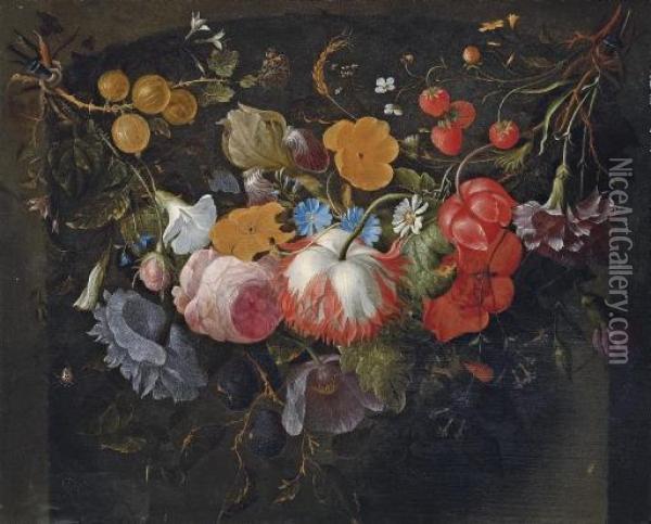 A Swag Of Flowers Hanging In A Niche, With Gooseberries, Strawberries, Roses, Plums, An Iris, A Daisy And A Spider Oil Painting - Pieter Gallis