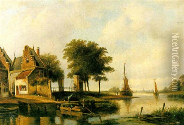 Barges Before A Town On A River Oil Painting - Hermanus Koekkoek the Younger