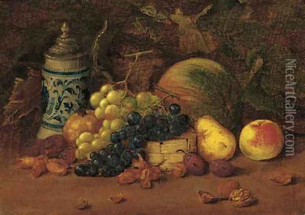 A tankard with grapes, plums, an apple, a melon and hazlenuts Oil Painting - Arthur Charles Dodd