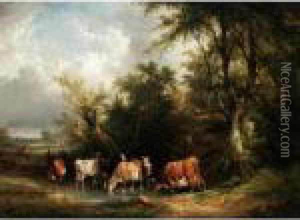 Cattle Watering In A Pool Oil Painting - Snr William Shayer