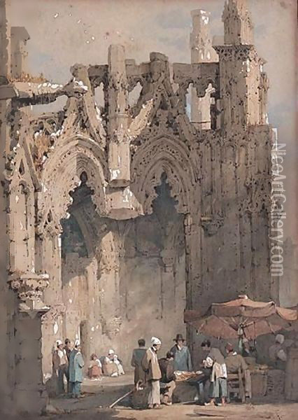 Figures By A Medieval Church Oil Painting - Samuel Prout