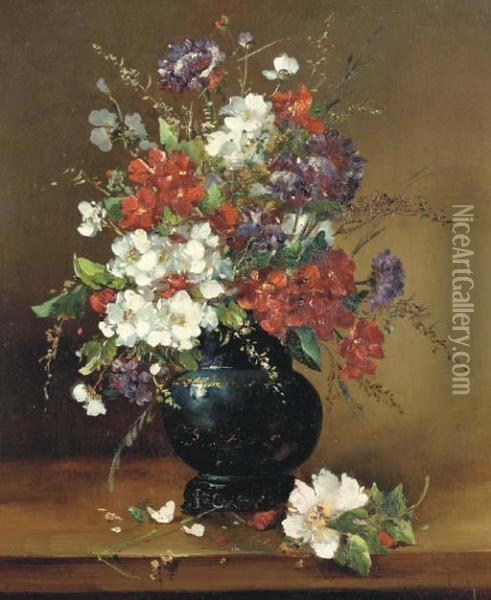 Wild Flowers In A Blue Vase Oil Painting - Eugene Henri Cauchois