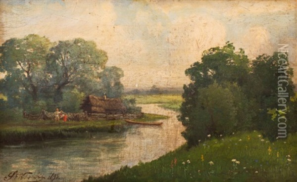 Pejzaz Z Rybacka Chata Nad Rzeka Oil Painting - Stanislaw Wronski