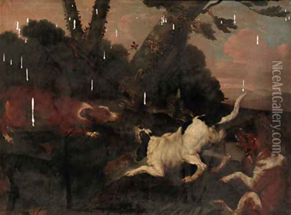 Hounds chasing a hare in a wooded landscape Oil Painting - Paul de Vos