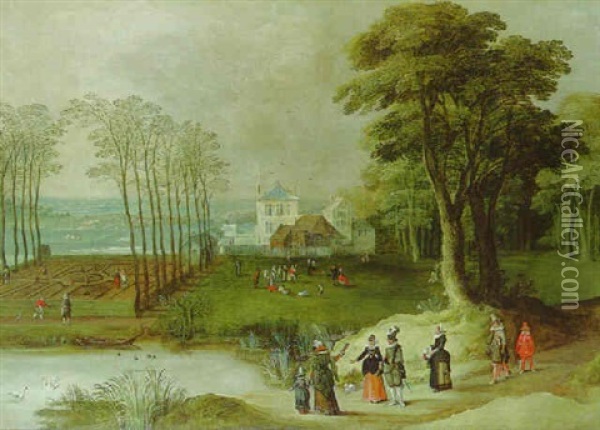 A Wooded Landscape With Elegant Company By A Pond, Peasants Dancing Before A Villa Oil Painting - Joos de Momper the Younger
