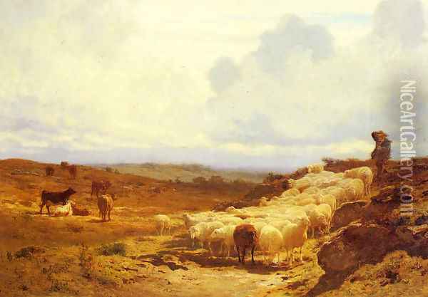 A Shepherd and his Flock Oil Painting - Auguste Bonheur