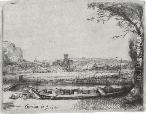 Canal With A Large Boat And Bridge (b., Holl. 236; H. 239; Bb. 50-b) Oil Painting - Rembrandt Van Rijn