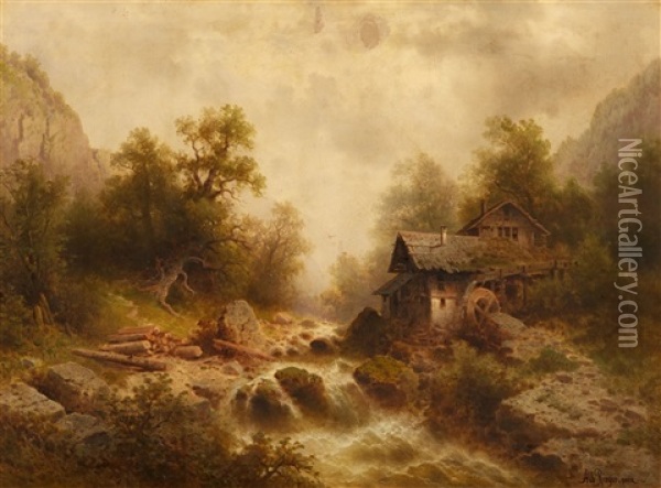 Waldmuhle Mit Wasserfall Oil Painting - Albert Rieger