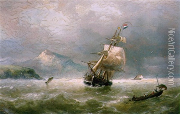 Zeilschepen Op Woeste Zee Nabij De Kust Oil Painting - Nicolaas Riegen