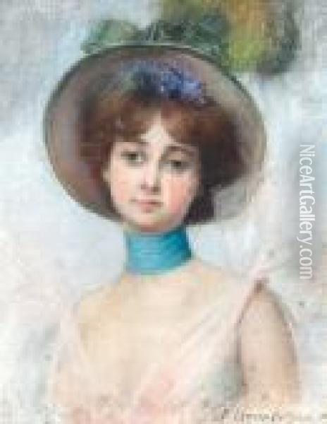 A Portrait Of A Lady In A Spring Bonnet Oil Painting - Pierre Carrier-Belleuse