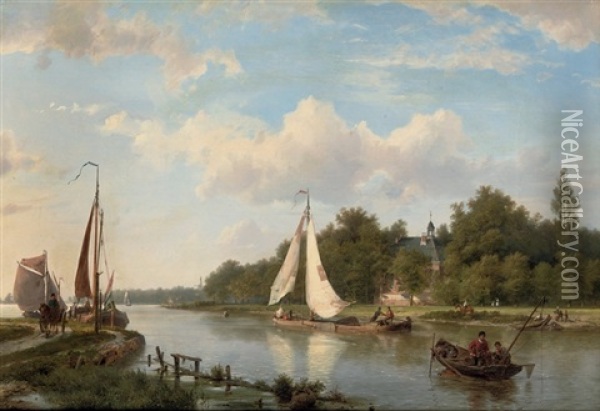 Along The River On A Sunny Afternoon Oil Painting - Hermanus Koekkoek the Elder