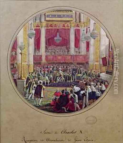 King Charles X 1757-1836 receiving the Knights of the Saint Esprit at Reims Cathedral on the 30th May Oil Painting - Jean-Charles Develly
