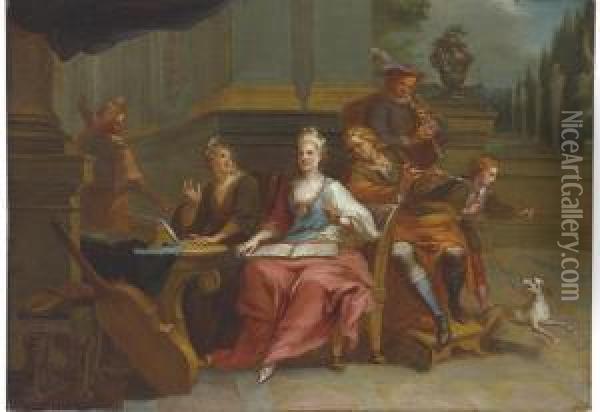 A Musical Company With A Boy And Dog; And A Musical Company With A Man Playing A Viola Di Gamba Oil Painting - Francois Marot