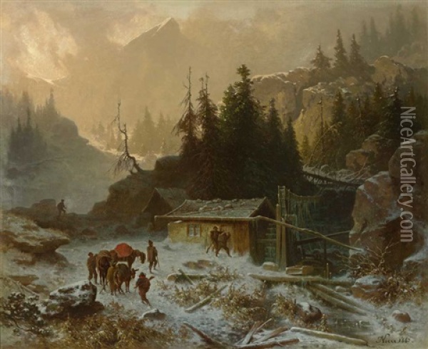 Schmuggler Vor Berghutte In Winterlicher Verschneiter Hochgebirgslandschaft Oil Painting - Julius Noerr