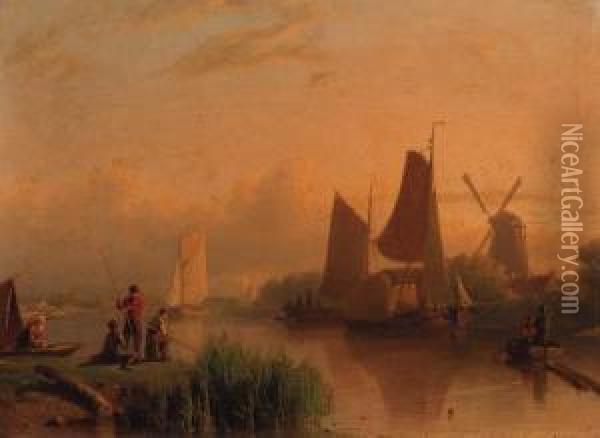 Anglers In A River Landscape Oil Painting - Johan Adolph Rust