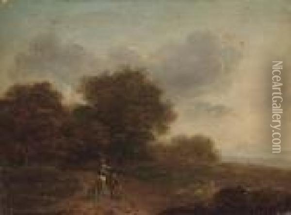 Travellers In An Extensive Landscape Oil Painting - John Rathbone