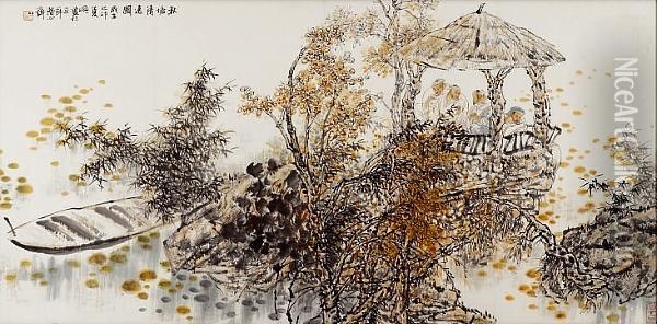 Leisure At Autumn Pond Oil Painting - Wang Jingming