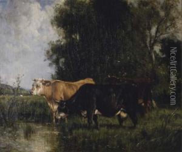 Cattle Watering By A Pond Oil Painting - Louis-Francois-V. Watelin