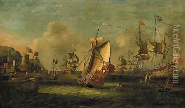 King William III arriving off Carrickfergus, Ulster, 14 June 1690, at the start of his Irish Campaign Oil Painting - English School