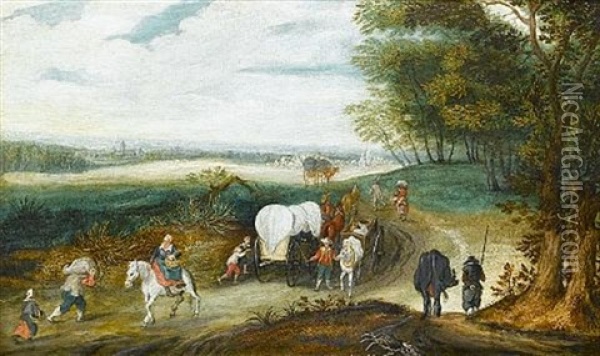 A Wooded Landscape With Travellers On A Country Path Oil Painting - Jan Brueghel the Elder