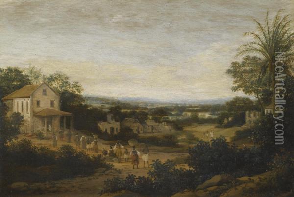 A Landscape In Brazil Looking Down On The Varzea, Europeans And Natives Approaching A Church In The Foreground Oil Painting - Frans Jansz. Post