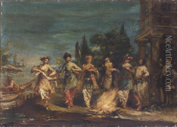 Three Couples In Exotic Dress Dancing In Front Of A Fire Oil Painting - Giovanni Antonio Guardi