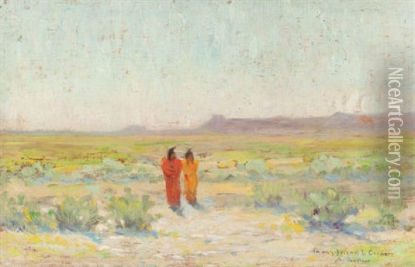 Two Figures In A Field Oil Painting - Amedee Joullin