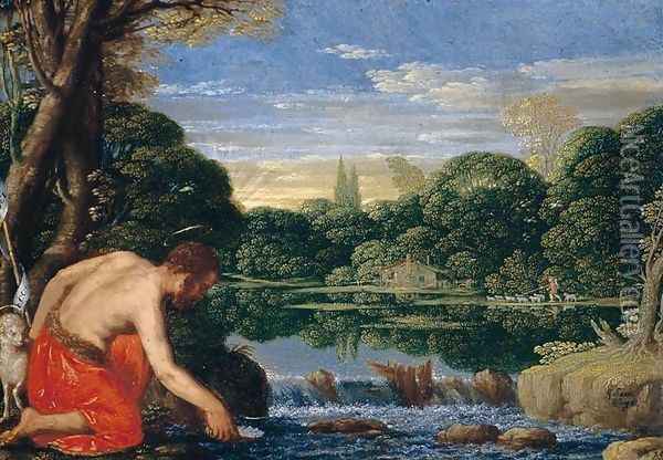 Wooded River Landscape with St John the Baptist c. 1610 Oil Painting - Johann Konig