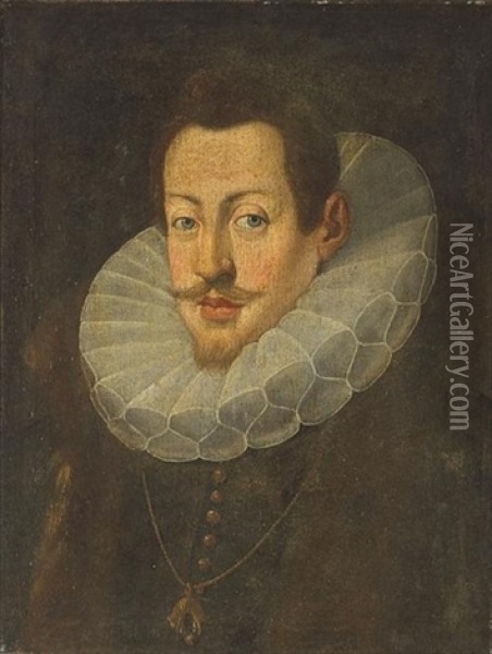 A Portrait Of A Gentleman, Half-length, In A Lace Collar, Wearing The Order Of The Golden Fleece Oil Painting - Juan Pantoja de la Cruz
