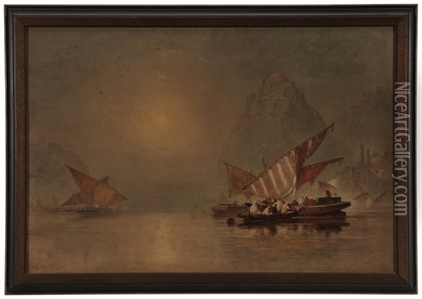 View Of Boats, Egypt, With A Fortress Atop A Rocky Promontory Oil Painting - George Washington Nicholson