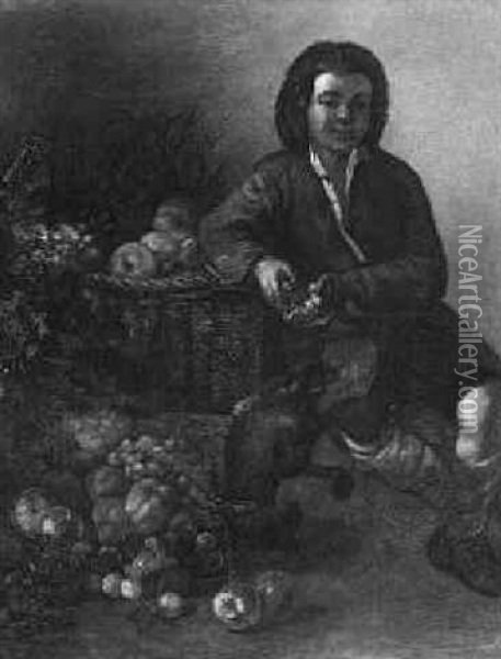 A Boy Holding A Pomegranate Seated Beside A Monkey And A Basket Of Fruit Oil Painting - Bartolome Esteban Murillo