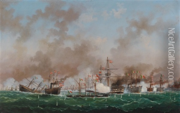 Naval Battle Of Lissa On 20 July 1866 Oil Painting - Basi Ivankovic